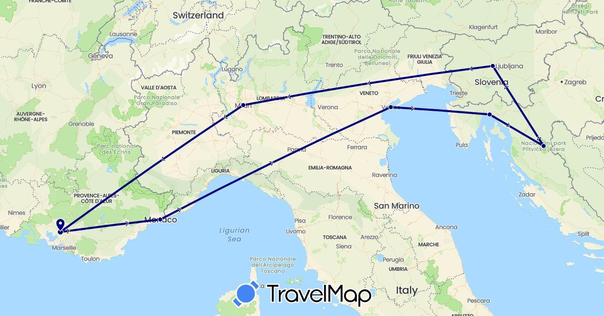 TravelMap itinerary: driving in France, Croatia, Italy, Monaco, Slovenia (Europe)
